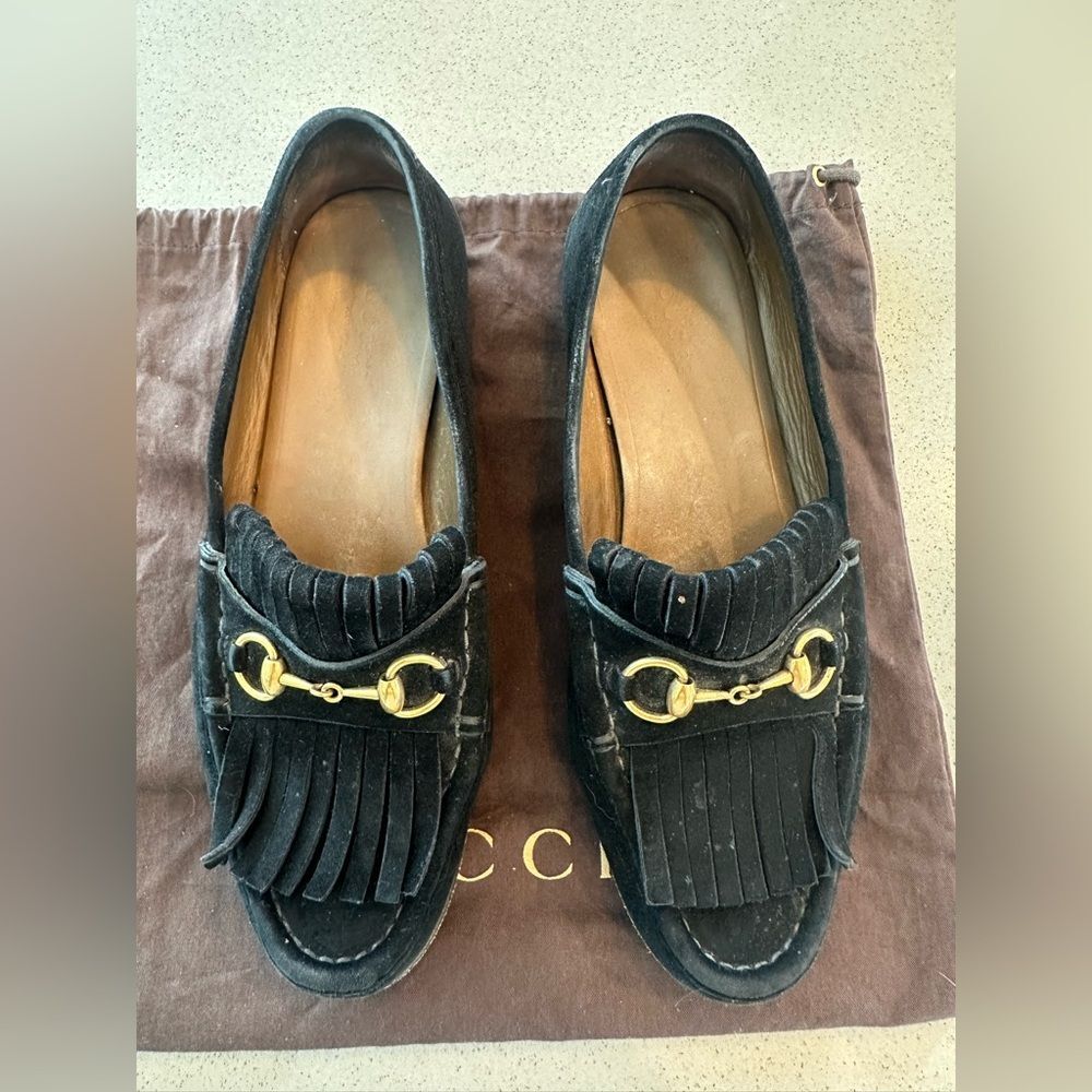 GUCCI Women's Horsebit Fringe Suede Black Loafers EU 37 - Picture 3 of 9